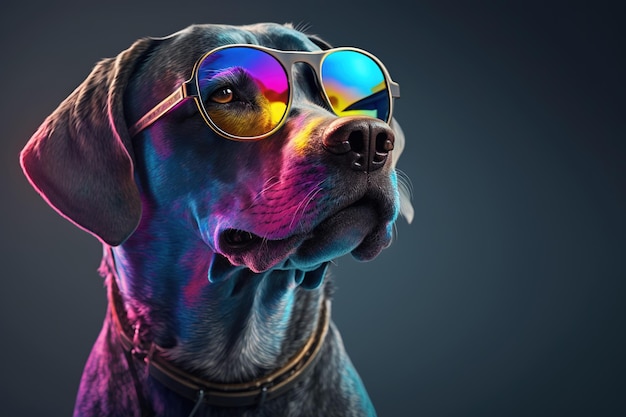 Un perro con gafas de sol de colores mira a la cámara.