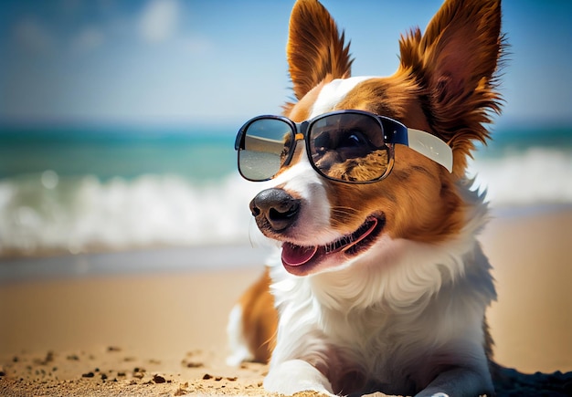 Perro con gafas de sol descansa en la playa