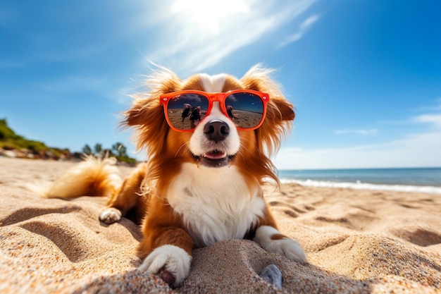 Un perro con gafas de sol descansando en la playa de arena durante un día soleado Ai generativo