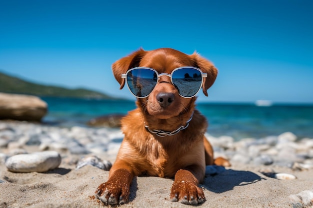 Un perro con gafas de sol descansando en la playa de arena durante un día soleado Ai generativo