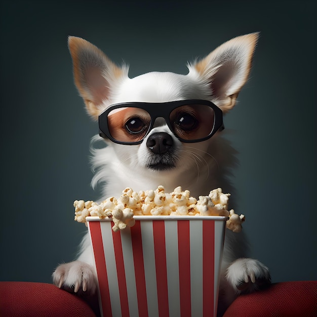 Un perro con gafas de sol está comiendo palomitas de maíz frente a un fondo oscuro.