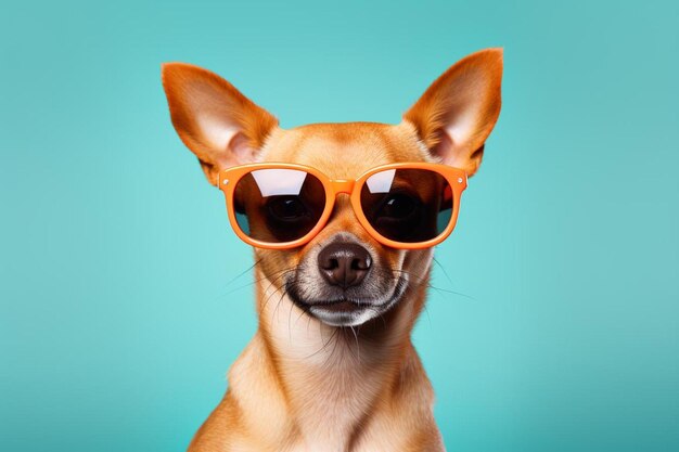 Un perro con gafas de sol con un fondo azul y un fondo verde.