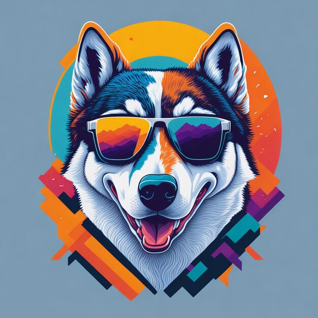 Un perro con gafas de sol y un fondo azul con la palabra husky.