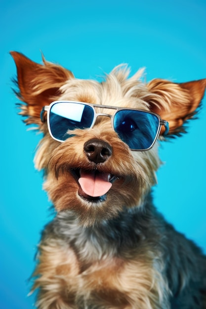 Perro con gafas de sol en un fondo azul