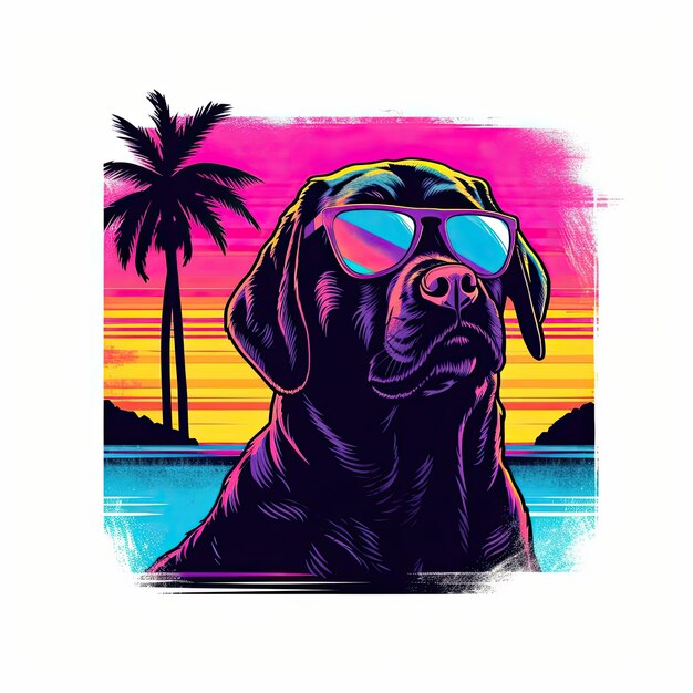 Un perro con gafas de sol y un fondo rosa y amarillo con una palmera al fondo.