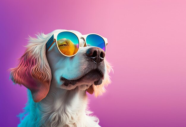 Un perro con gafas de sol y un fondo rosa con la palabra perro.