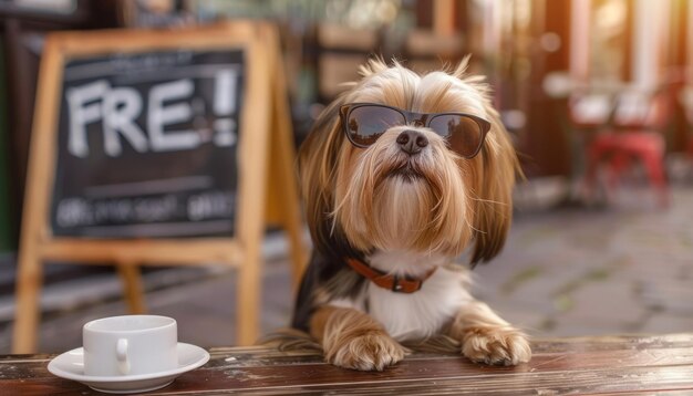 Foto perro con gafas de sol fuera de la cafetería