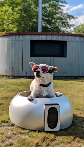 Un perro con gafas de sol futuristas relajándose en un parque