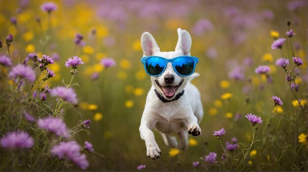 un perro con gafas de sol y gafas de Sol azules está corriendo a través de un campo de flores