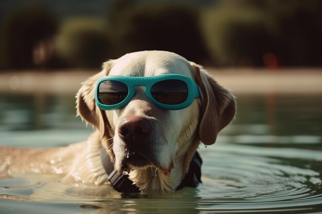 Foto un perro con gafas de sol nada en un lago.