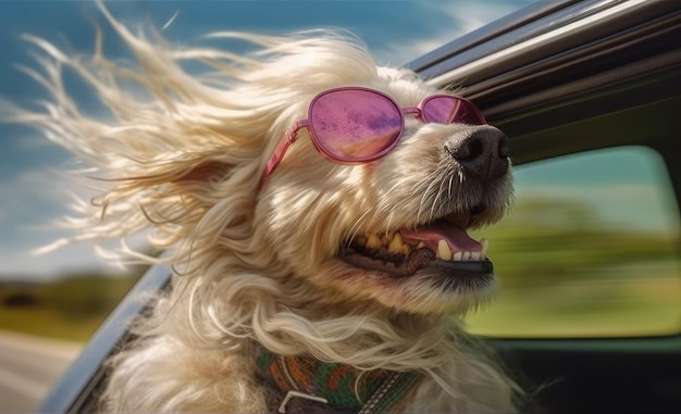 Un perro con gafas de sol y una nariz rosada está mirando por la ventana de un auto.