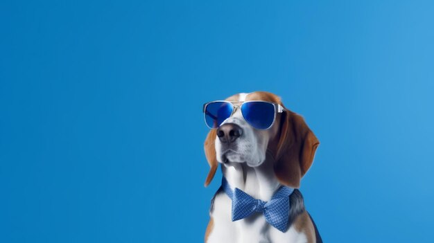 Foto un perro con gafas de sol y una pajarita con un fondo azul.