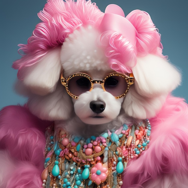 perro con gafas de sol y peluca rosa con flores