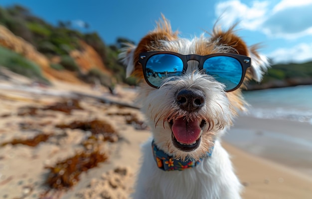 Perro con gafas de sol en la playa