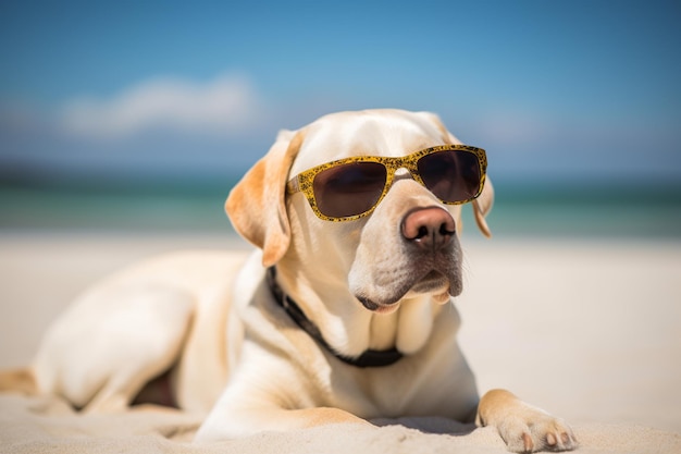 Un perro con gafas de sol en la playa.