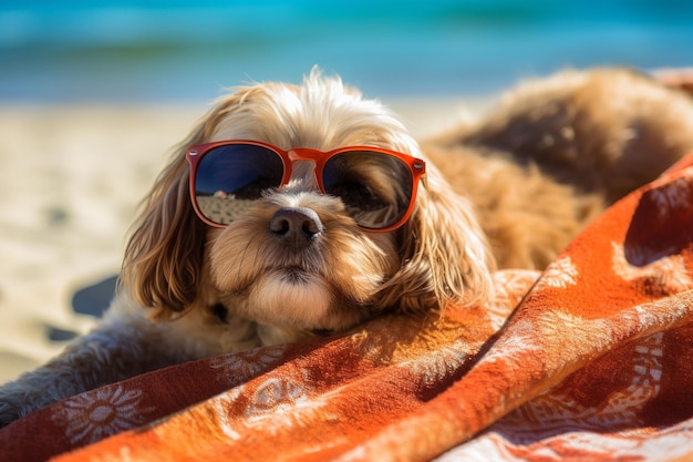 Un perro con gafas de sol en la playa.