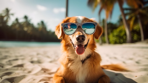 Un perro con gafas de sol en la playa.