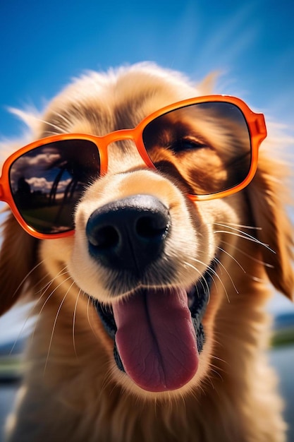 Foto un perro con gafas de sol que dice que el perro las está usando