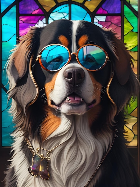 Un perro con gafas de sol retrato de vidriera generado por Ai