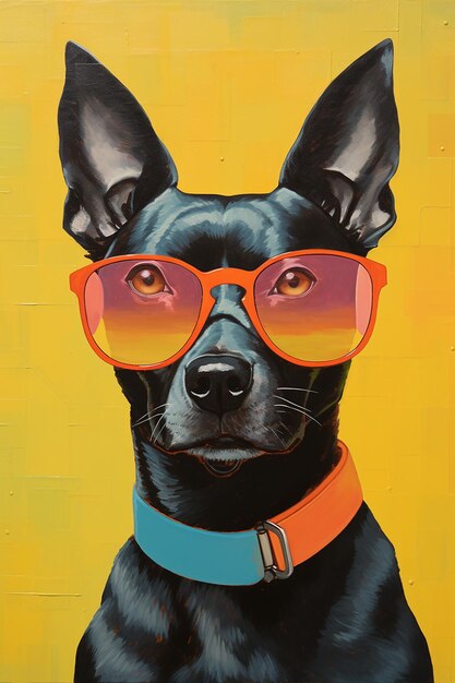 Foto un perro con gafas de sol rojas está en un fondo amarillo.