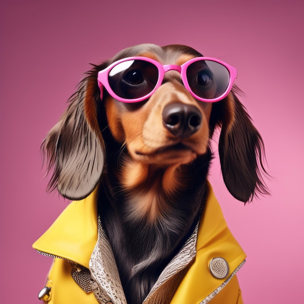 Foto perro con gafas de sol rosas y chaqueta amarilla