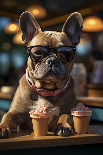 un perro con gafas de sol y sentado en una mesa con dos tazas de helado