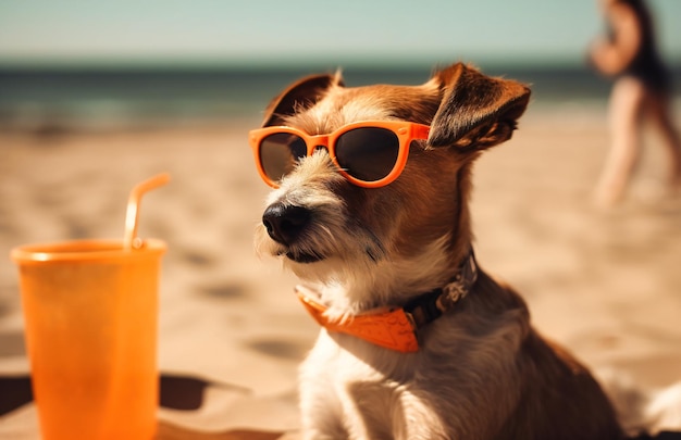 Foto un perro con gafas de sol sentado en una playa con una bebida