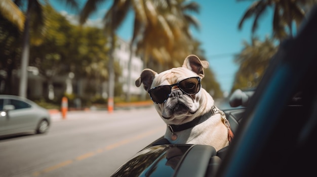 Un perro con gafas de sol se sienta en un automóvil día soleado IA generativa