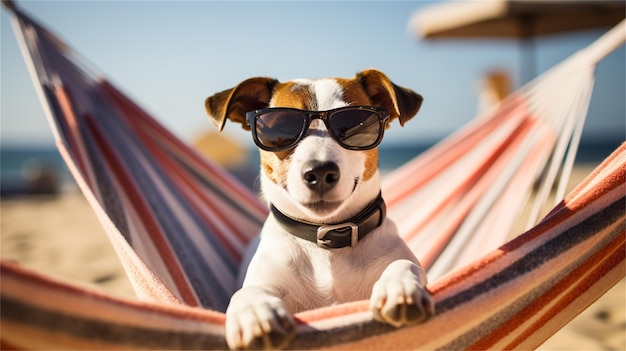 Un perro con gafas de sol se sienta en una hamaca con las palabras perro.