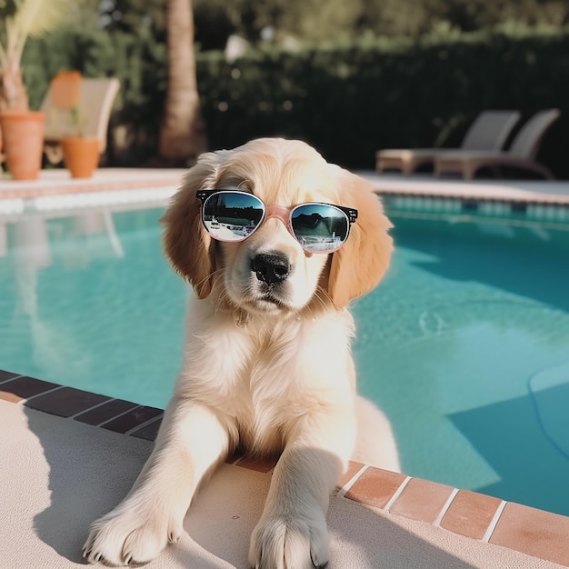 Un perro con gafas de sol se sienta junto a una piscina con una piscina al fondo.