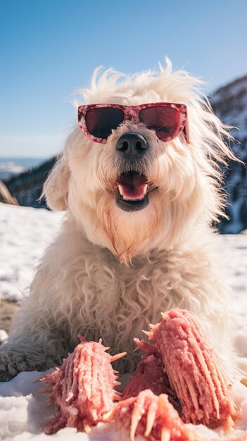 Foto un perro con gafas de sol se sienta en la nieve con las patas en el suelo