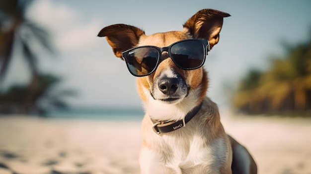 Un perro con gafas de sol se sienta en una playa.