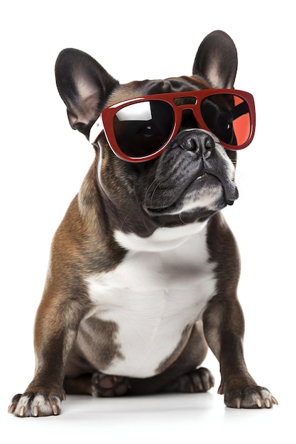 Un perro con gafas de sol se sienta sobre un fondo blanco.