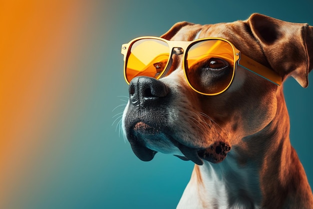 Un perro con gafas de sol sobre un fondo azul.