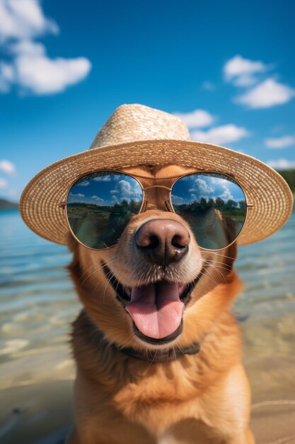 Foto perro con gafas de sol y sombrero de paja en la playa ia generativa