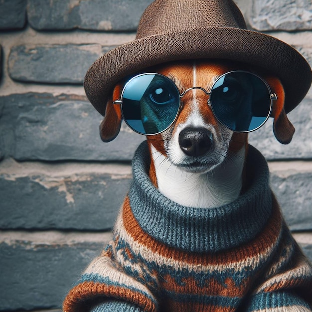 un perro con gafas de sol y un sombrero con un sombrerito marrón en él