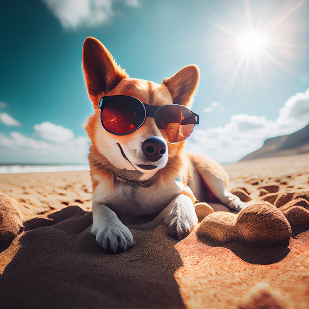 Un perro con gafas de sol y tumbado en la playa con el sol brillando sobre él.