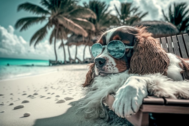 Perro con gafas de sol tumbado tomando el sol en la playa