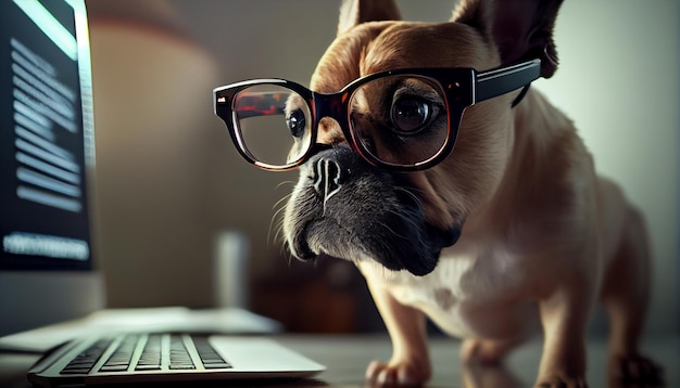 Perro con gafas trabajando en laptop Generative Ai