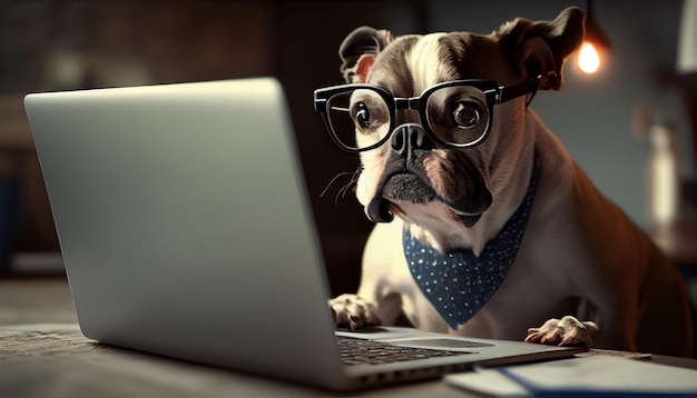 Perro con gafas trabajando en laptop Generative Ai