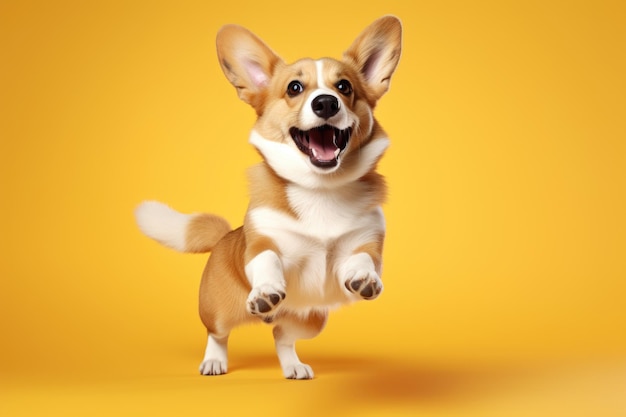 perro galés muy feliz corgi sobre un fondo amarillo brillante