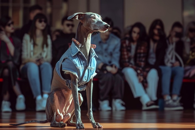 Un perro galgo gracioso desfilando en una pasarela de moda