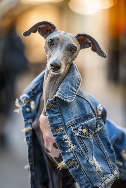 Un perro galgo gracioso desfilando en una pasarela de moda