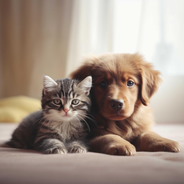 Perro y gatito atigrado sentados juntos sobre un suelo de madera