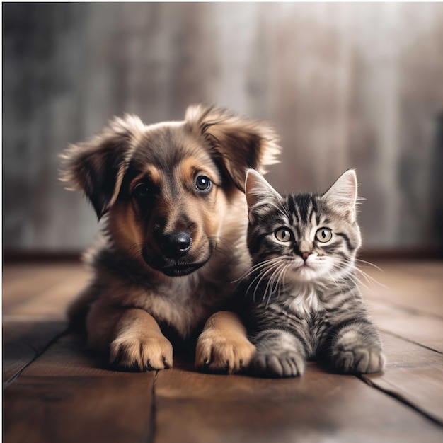 Perro y gatito atigrado sentados juntos sobre un suelo de madera