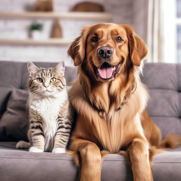 Perro y gatito atigrado sentados juntos sobre un suelo de madera