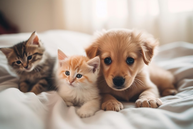 Un perro y un gatito están acostados en una cama.