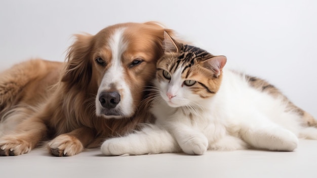Un perro y un gato abrazados juntos sobre un fondo blanco.