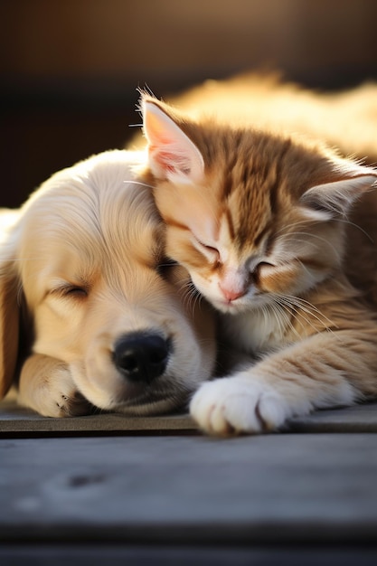 El perro y el gato se abrazan El concepto de la verdadera amistad