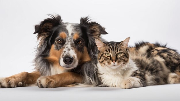 Un perro y un gato acostados juntos sobre un fondo blanco.